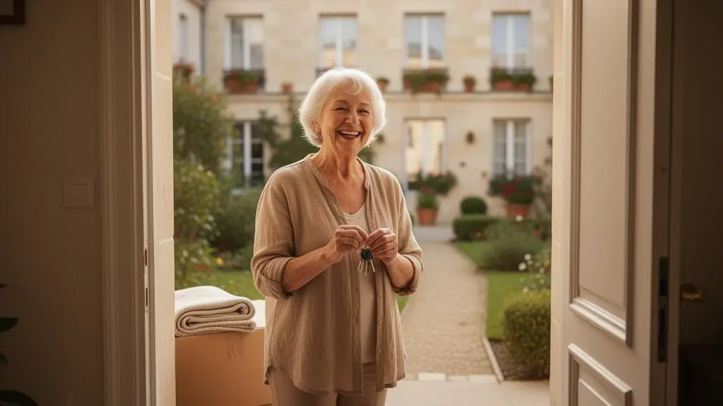 Femme senior souriante franchissant le seuil lumineux de son nouvel appartement en résidence autonomie