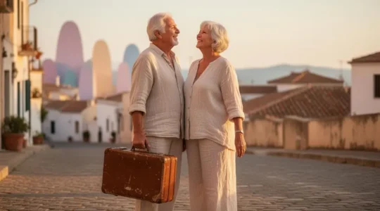 Un couple de seniors souriants avec une valise, prêt à partir en voyage sous une lumière dorée de fin d'après-midi