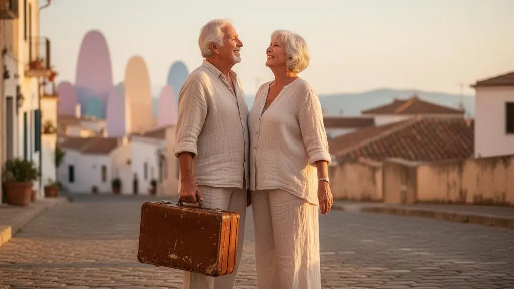 Un couple de seniors souriants avec une valise, prêt à partir en voyage sous une lumière dorée de fin d'après-midi
