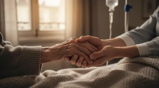 Aidant familial accompagnant avec douceur une personne âgée lors d'un soin médical à domicile, dans un intérieur lumineux et chaleureux