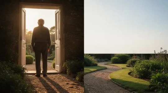 Senior debout sur le seuil d'une porte ouverte donnant sur un jardin lumineux aux chemins multiples, symbolisant l'abondance de temps libre après 65 ans
