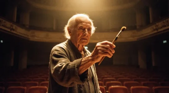 Senior passant symboliquement d'une posture de spectateur assis a un geste createur, entre theatre et atelier d'art