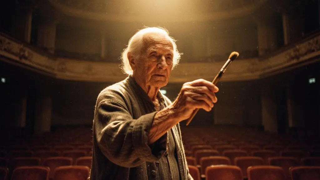Senior passant symboliquement d'une posture de spectateur assis a un geste createur, entre theatre et atelier d'art