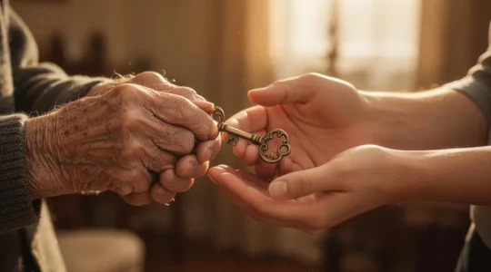Mains ridées d'une personne âgée tenant délicatement un objet symbolique de mémoire familiale dans une lumière dorée