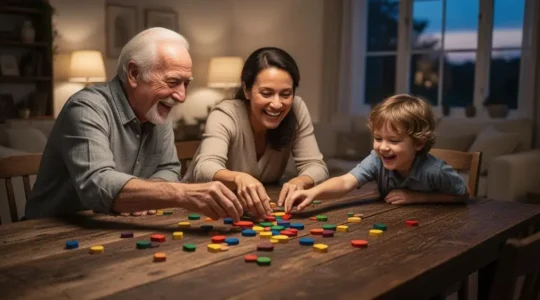 Trois générations d'une même famille réunies et souriantes autour d'une table de jeu de société