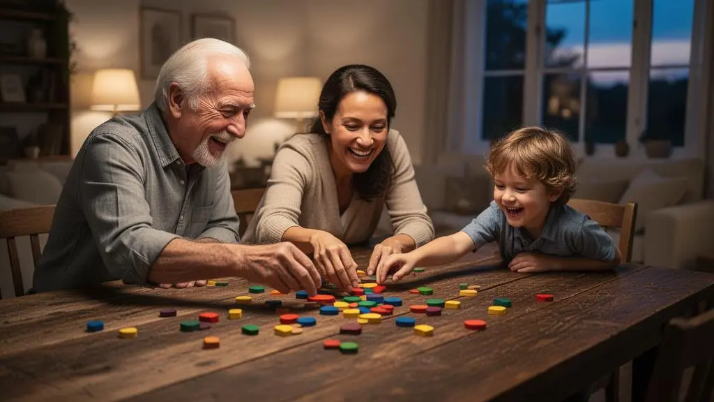 Trois générations d'une même famille réunies et souriantes autour d'une table de jeu de société