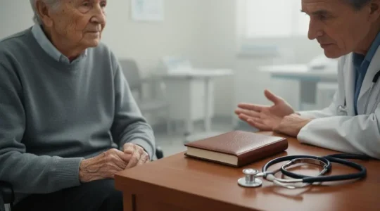 Senior en consultation attentive avec son médecin lors d'une visite médicale annuelle de prévention