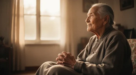 Personne âgée de plus de 85 ans assise près d'une fenêtre lumineuse, regard serein tourné vers l'extérieur