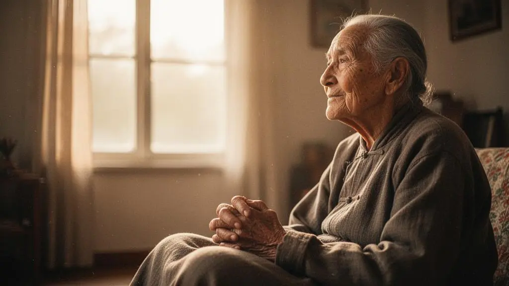 Personne âgée de plus de 85 ans assise près d'une fenêtre lumineuse, regard serein tourné vers l'extérieur